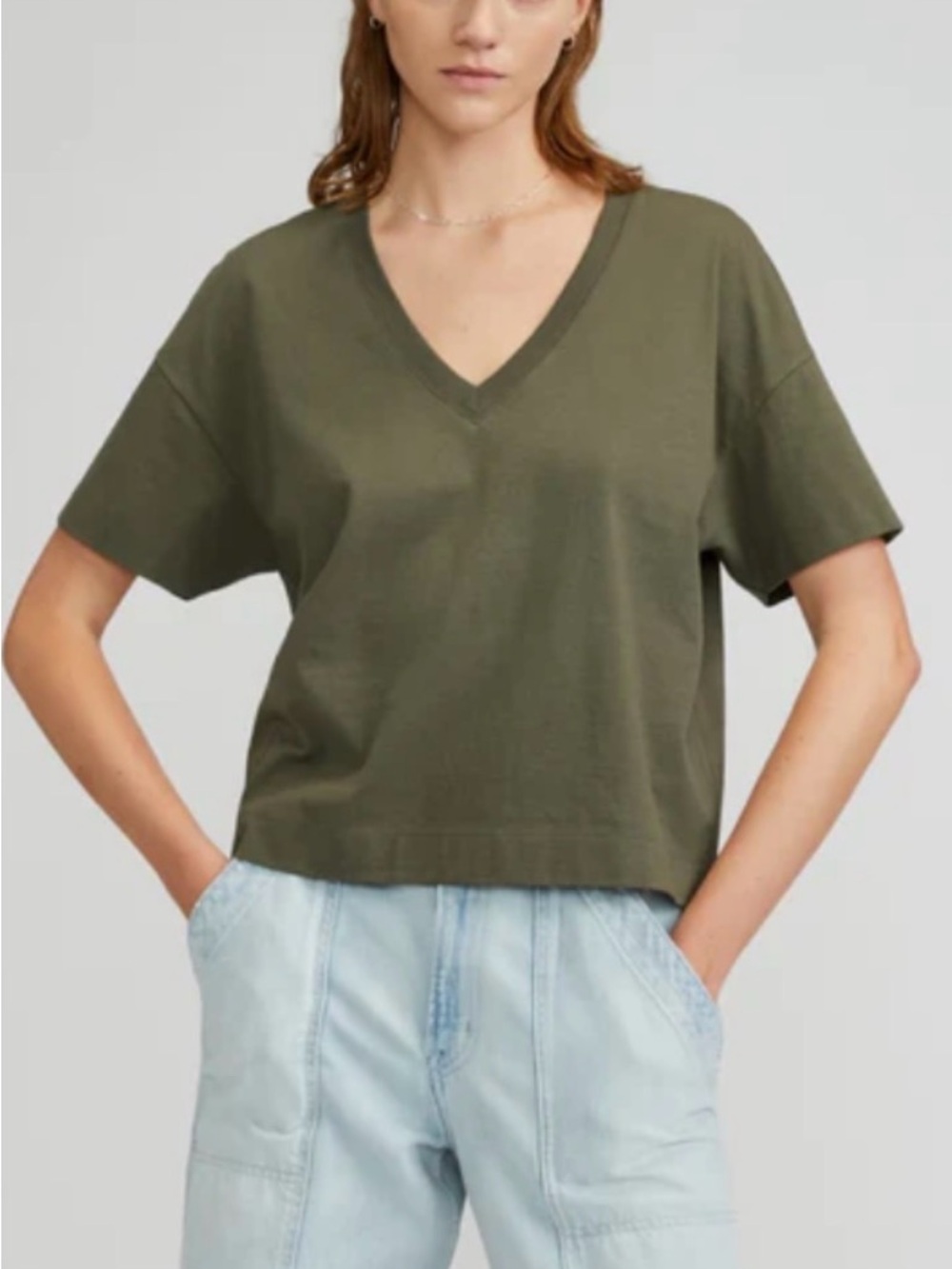 Everlane Women's Size Small Organic Cotton Slouchy V Neck Shirt Top Army Green